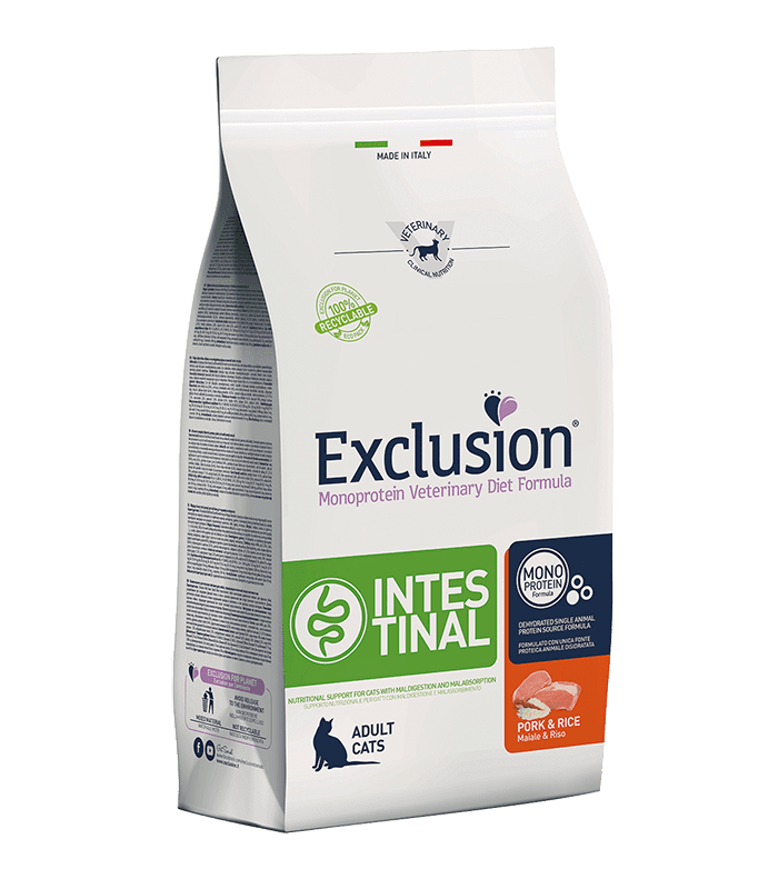 Crocchette Exclusion Intestinal Gatto - maiale e riso 300 gr-0